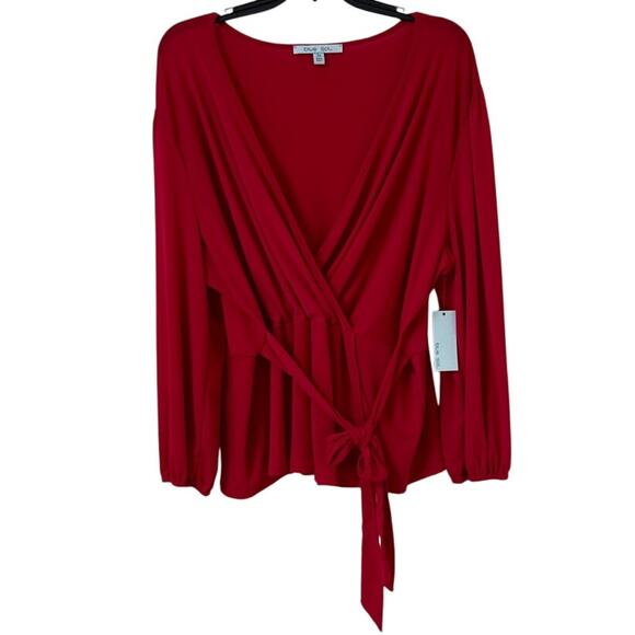 NWT Blue Sol Size 3X Red Long Sleeve V Neck Wrap Top Gathered Tied At The Waist - Picture 1 of 6